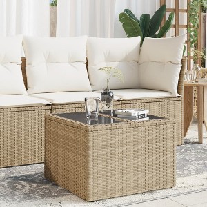 vidaXL Garden Table Beige PE Rattan, Powder-Coated Steel, Tempered Glass - 1 of 2