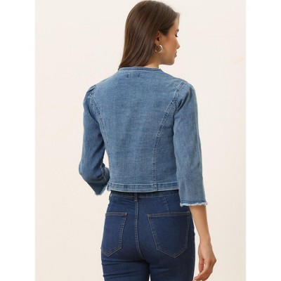 Allegra K Women's Cropped Denim Jacket 3/4 Sleeves Frayed Casual Collarless Jean Jackets Blue X-Small — фото 3