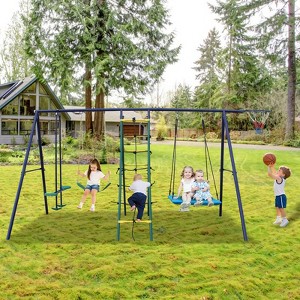 Gulches 6-in-1 Backyard Swing Set - Climbing Ladder/Net, Glider, Hammock, Belt Swing & Basketball Hoop, Heavy Steel A-Frame - 1 of 4