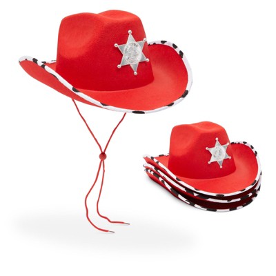 Zodaca 4 Pack Cowboy Hats with Sheriff Badge for Kids, Cow Print Design, Red