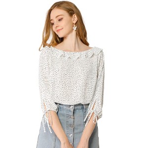 Allegra K Women's Vintage 3/4 Sleeve Boat Neck Ruffled Dots Print Blouse - 1 of 4