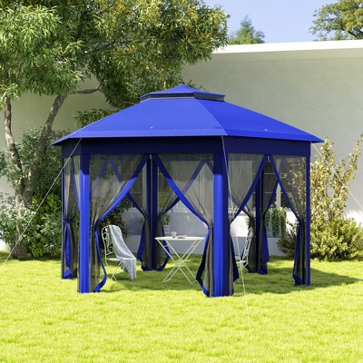 Dark Blue Steel Frame Hexagonal Pop-Up Gazebo with Mesh Netting