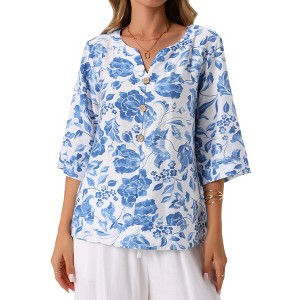 INSPIRE CHIC Women's 3/4 Sleeve Dressy Casual V Neck Boho Floral Button Decor Summer Blouse - 1 of 4