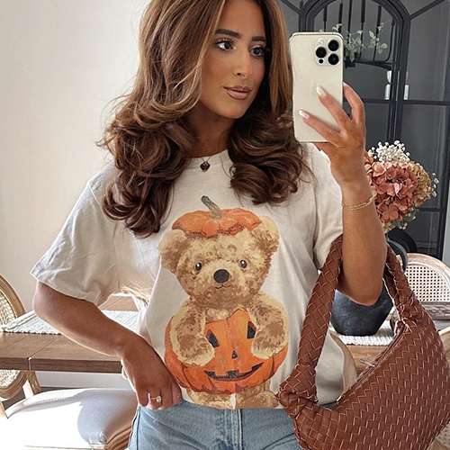 user image by @yourdarlingstyle, Women's Teddy Bear Pumpkin Short Sleeve Graphic Boyfriend T-Shirt - Beige