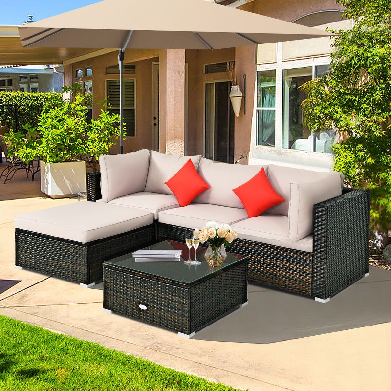 Tangkula 5-Piece Outdoor Patio Sectional Rattan Wicker Sofa Set w/ Cushion, 3 of 7