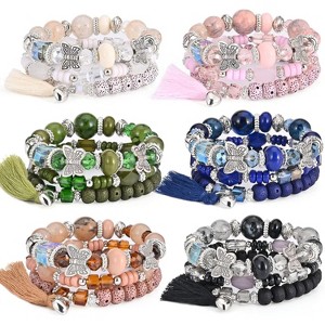 6 Sets Bohemian Stackable Stretch Bracelets Multi-color Boho Jewelry for Women with Various Charms - 1 of 4