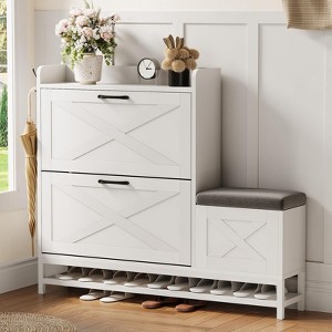 Shoe Cabinet with 2 Flip-Drawers & Storage Bench, Farmhouse Wood Freestanding Shoe Rack with 2 Hooks & Bottom Shelf - 1 of 4