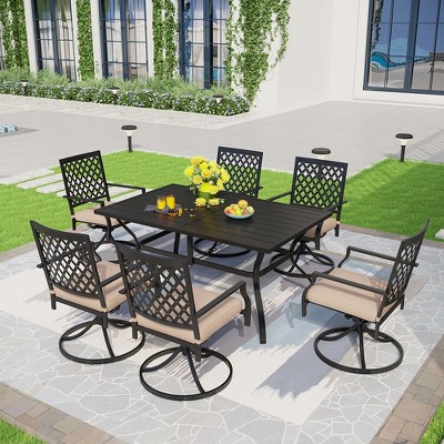 Captiva Designs 7pc Outdoor Patio Dining Slat-top Rectangle Steel Table & Swivel Metal Chairs with Cushions