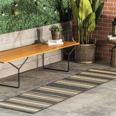 Charcoal and Beige Striped Synthetic Indoor/Outdoor Runner Rug, 2' x 8'