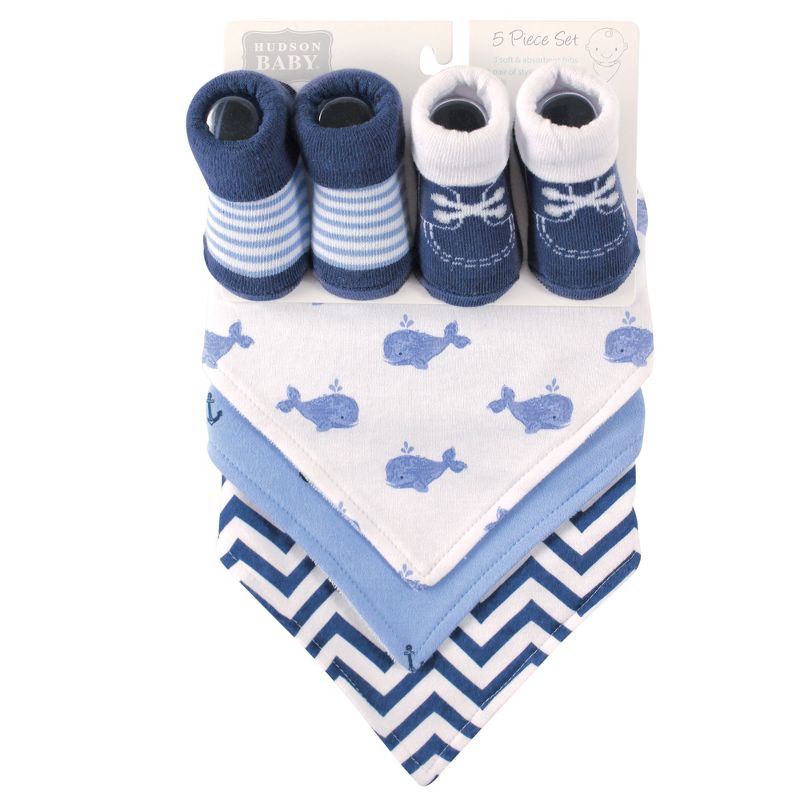 Hudson Baby Infant Boy Cotton Bib and Sock Set 5pk, Whale, One Size, 3 of 9