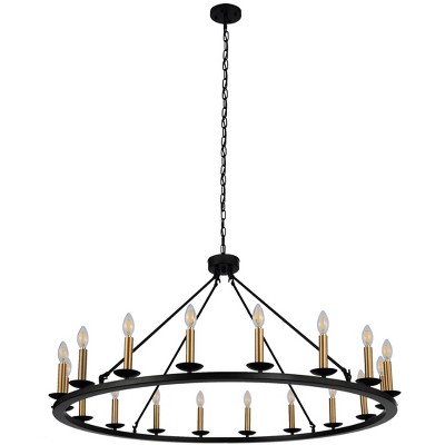 18-Light Wagon Wheel Chandelier, Modern Farmhouse Round Black and Gold Candle Ceiling Light Fixture