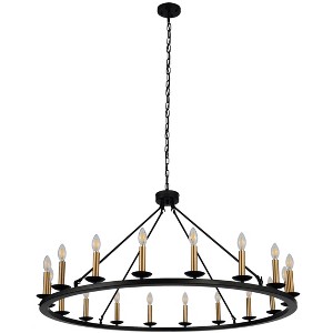 18-Light Wagon Wheel Chandelier, Modern Farmhouse Round Black and Gold Candle Ceiling Light Fixture - 1 of 4