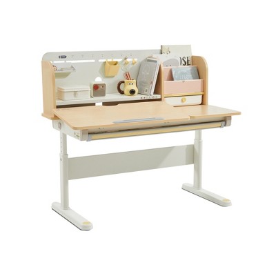 JUJABU 47.2" Kids Adjustable Study Desk with Tiltable Desktop and Double bookshelf, Natural