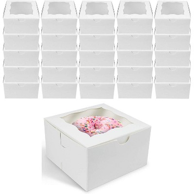 O'Creme Small Bakery Cake Boxes With Window, White Paper Kraft Cardboard Mini Packaging Containers - 25 Pack