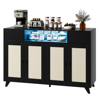 Sideboard Buffet Cabinet, 4 Rattan Doors 2 Drawers Accent Storage Cabinet