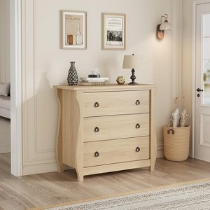 必填 3 Drawer Dresser,  White Chest of Drawer with Black Metal Ring Pull Handles, Wooden Storage Cabinet for Living Room, Entryway, Hallway, Natural Oak - 1 of 4