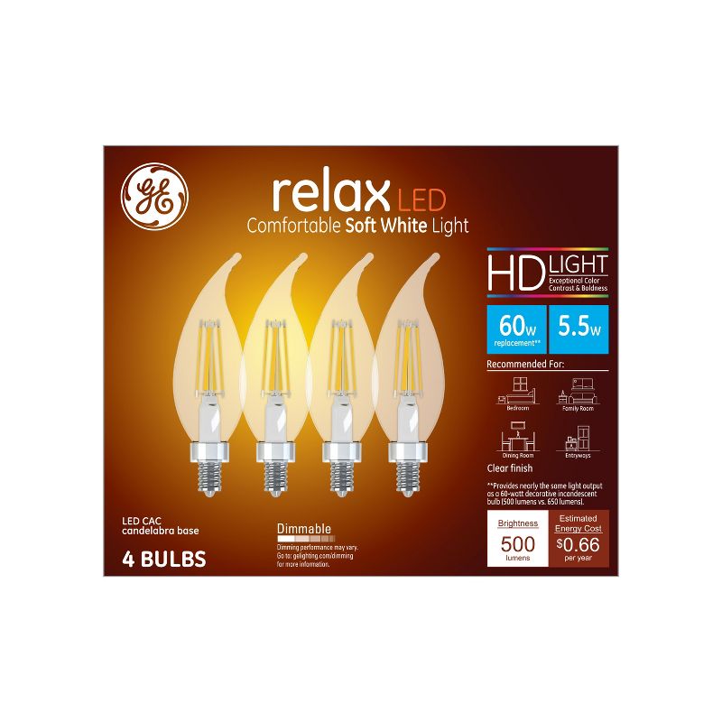 GE 4pk 5.5W 60W Equivalent Relax LED HD Decorative Light Bulbs, 1 of 4