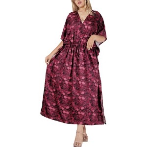 LA LEELA Women's House Daily Routine Evening Wear Holiday Casual Loungewear Loose Slit Dress Caftan Maxi House Sleep Shirt for Women 2X-3X Pink, Leaf - 1 of 4