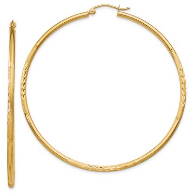 Black Bow Jewelry 2mm x 60mm 14k Yellow Gold Satin & Diamond-Cut Round Hoop Earrings