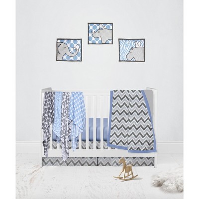 Bacati - Ikat Dots Zebra Blue Grey Muslin Boys 10 pc Crib Set with wall hangings & Mobile