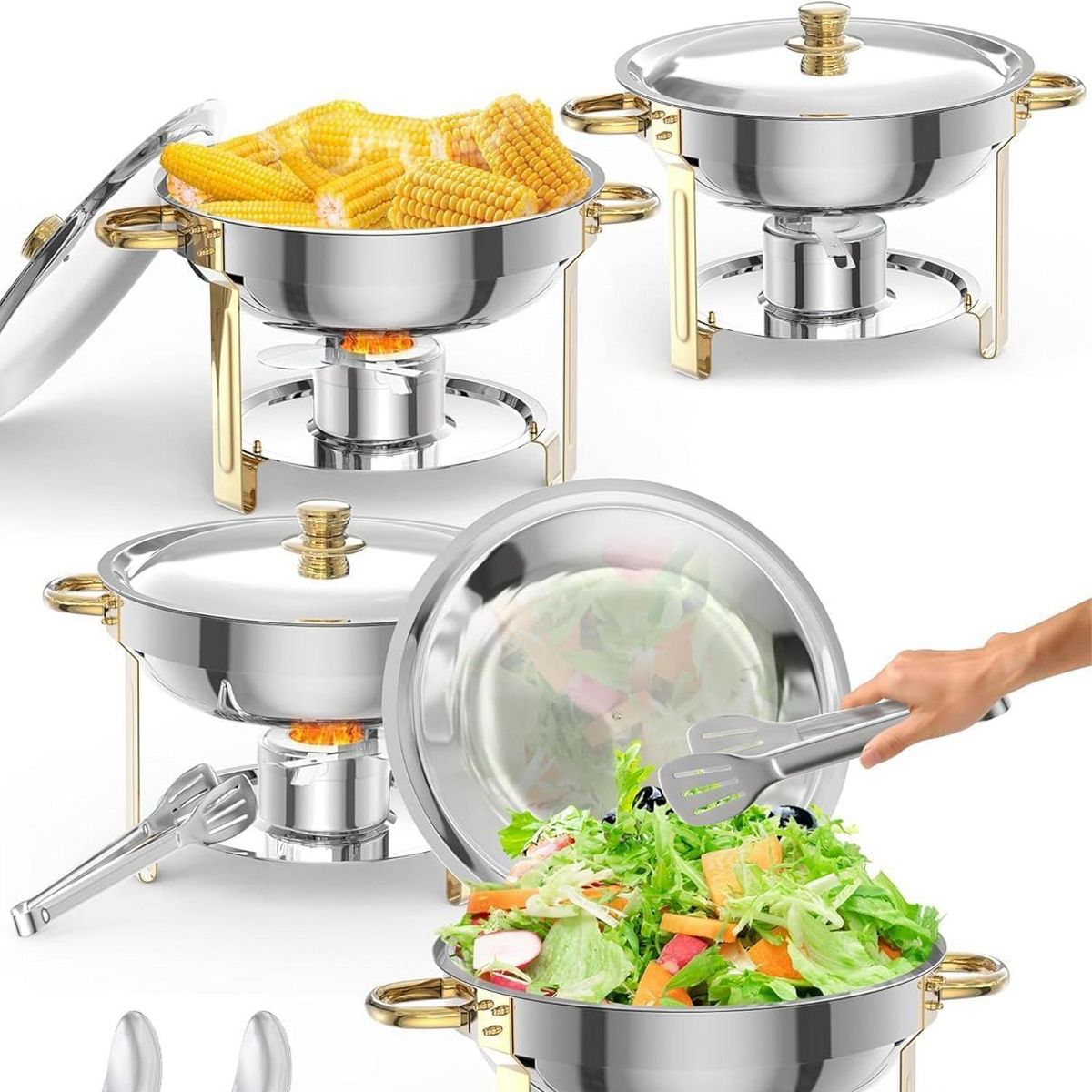 4 Pack 5QT Stainless Steel Chafing Dish Buffet Set, Superior Buffet Food Warmer with Lid Holder, Spoon & Tweezers for Catering Party Banquet, Sliver