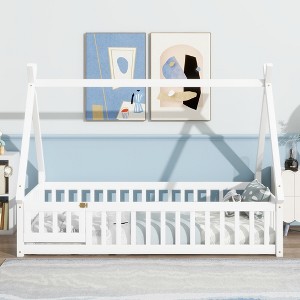 VASIP Twin Tent-Shaped Floor Bed with Guardrails and Support Slats, for Kids' Room ,Gray - 1 of 4