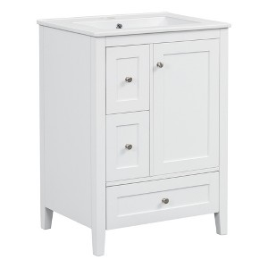 Gulches 24 Inches 1 Sink Freestanding Glossy White Bath Vanity with White Ceramic Top 3 Drawers Cabinet Adjustable Shelf - 1 of 4