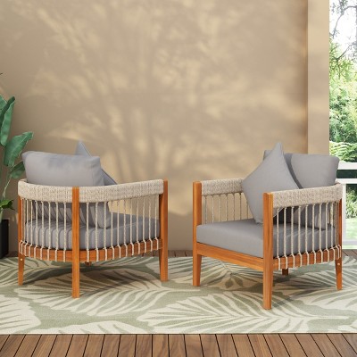 Outdoor Club Chair, Acacia Wood Frame with Handwoven Rope and Removable Cushions, Boho Patio Seating for Porch or Garden - Coolbibila