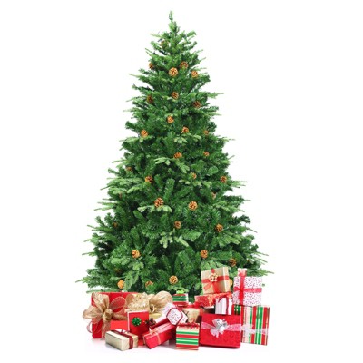 Tangkula 7'PVC Artificial Pine Tree Pre-Lit Christmas Tree w/ 460 LED Lights & Pine Cones