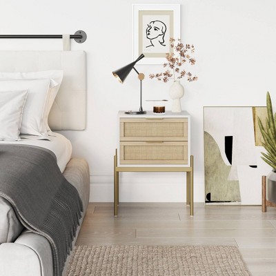 White and Gold Rattan 2-Drawer End Table with Metal Legs