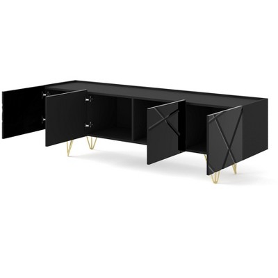 Black Gloss Modern TV Stand with Gold Metal Legs and Cabinet