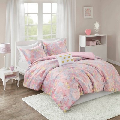 Twin Pink Multi/Gold Microfiber Plush Comforter Set with Hearts