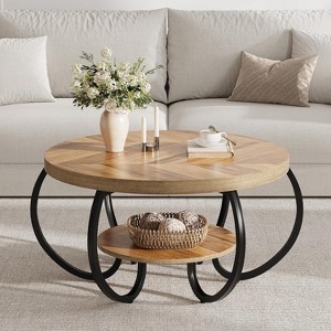 Round Coffee Table 30" Center Table, 2-Tier Coffee Table with Adjustable Feet, Living Room Tables with Storage Shelf and Designed Wood Grain - 1 of 4
