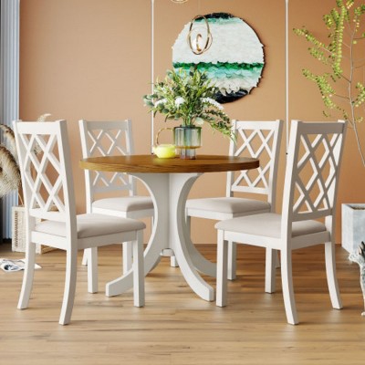 5-Piece Round Dining Table Set with 4 Upholstered Dining Chairs, Kitchen Table Set with Solid Wood Legs for Small Dining Room–The Pop Home