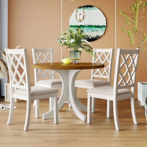 5-Piece Round Dining Table Set with 4 Upholstered Dining Chairs, Kitchen Table Set with Solid Wood Legs for Small Dining Room–The Pop Home - 1 of 4