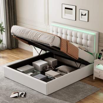 Queen Size Tufted Upholstered Platform Bed with Hydraulic Storage System, PU Storage Bed with LED Lights - ModernLuxe