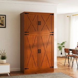 Aheaplus 71" Freestanding Organizer with 4 Barn Doors, Wooden Wardrobe with Adjustable Shelves and Hanging Rails - 1 of 4