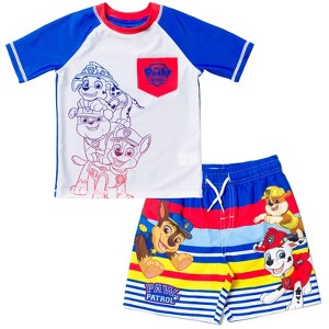 Paw Patrol Rubble Marshall Chase Pullover Rash Guard and Swim Trunks Outfit Set Little Kid - 1 of 4