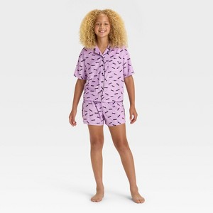 Girls' Halloween Bats Short Sleeve Button-Down Pajama Set - art class™ Purple - 1 of 4