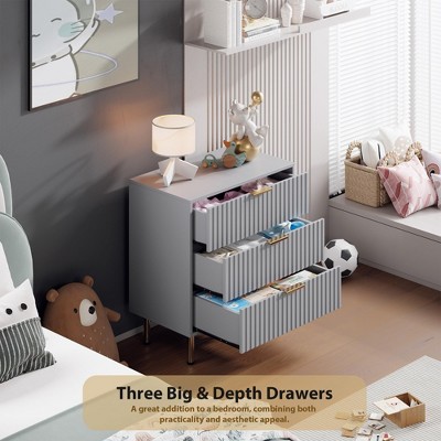 3-Drawer Fluted Wooden Dresser – Modern Nightstand & Storage Chest for Bedroom, Living Room, Kids Room