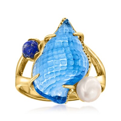 Ross-Simons Italian Tagliamonte Blue Venetian Glass Seashell Ring With Lapis and 5.5-6mm Cultured Pearl in 18kt Gold Over Sterling
