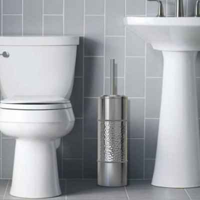 Slim Hammered Stainless Steel Toilet Brush Holder with Long Handle