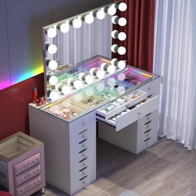 VANITII GLOBAL Makeup Vanities 15 Drawers, RGB Bluetooth Mirror, White