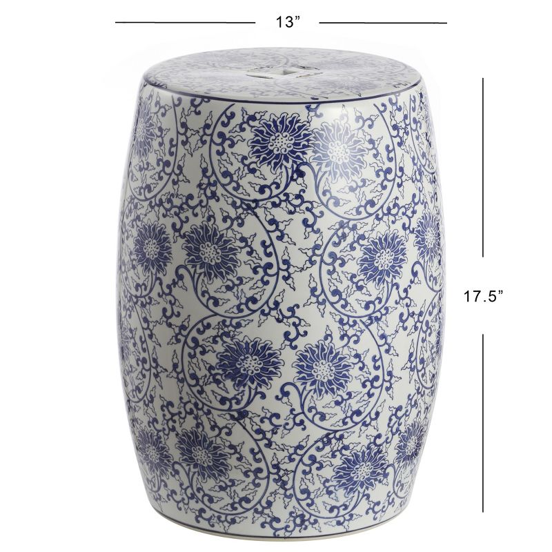 JONATHAN Y  Lotus Blossom 17.5" Chinoiserie Ceramic Drum Garden Stool, Blue/White, 3 of 7