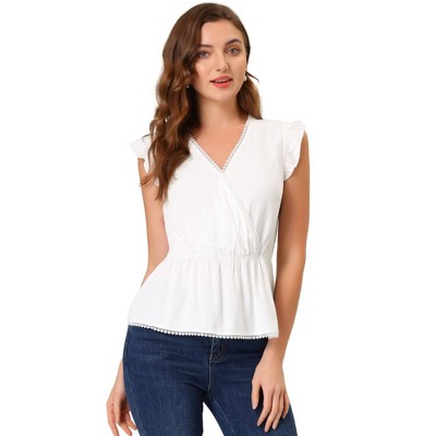Allegra K Women's Ruffle Sleeveless Lace Trim V Neck Peplum Top