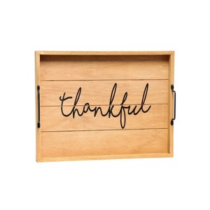 HomeRoots 12" Natural And Black Thankful Serving Tray With Handles - 1 of 4