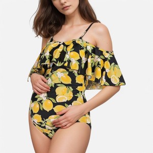 Anna-Kaci Swim Women's Lemon Print Off-Shoulder Maternity Swimsuit with Ruffle Overlay and Adjustable Spaghetti Straps - 1 of 4