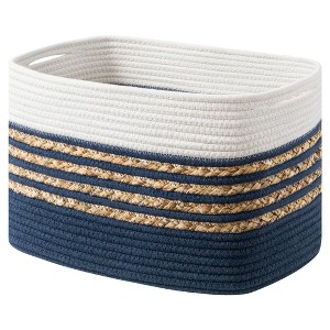Aoibox Woven Cotton Rope Storage Basket Rectangle with Handles Navy Blue 14x8x9 Inch for Toys Towels Organizing - 1 of 4