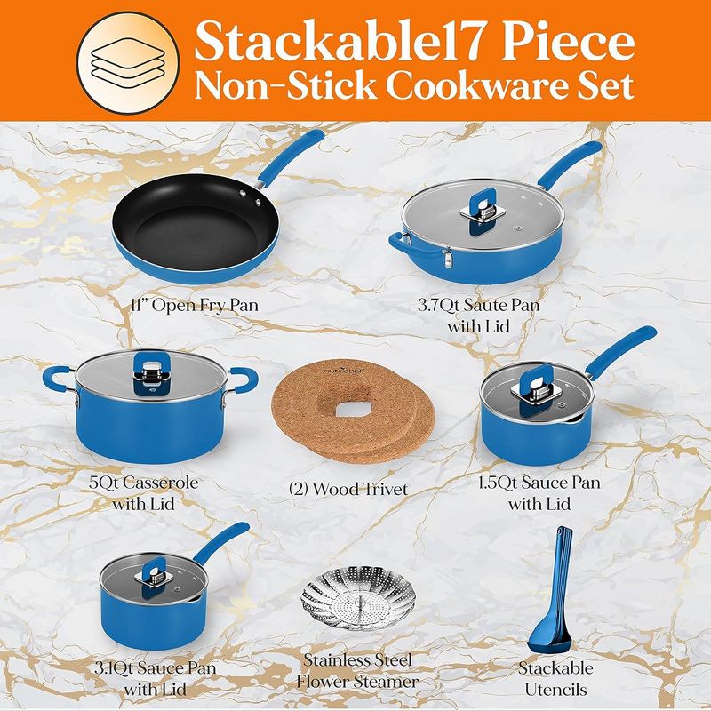 NutriChef Kitchenware 17 Piece Non-Stick Cookware Set, Non-Stick Pans and Pots with foldable Knob, Space Saving, Stackable, Nylon Tools Set, 2 of 10