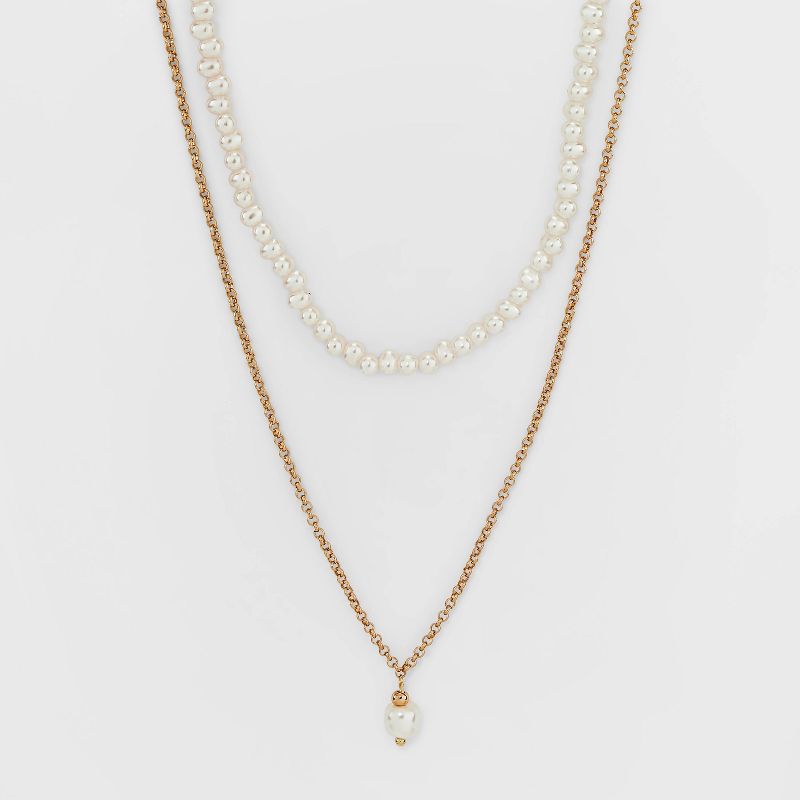 Pearl Pendant Necklace Set 2pc - A New Day™ Gold: Multi-Strand, Nickel-Free Metal, Lobster Claw Clasp, 16" Length